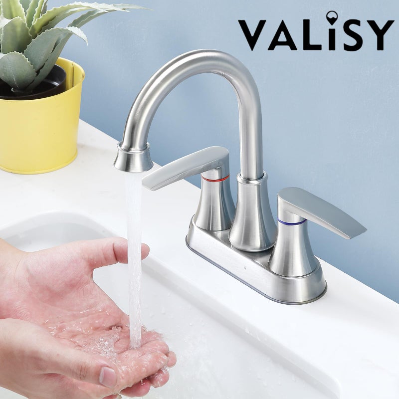 VALISY Brushed Nickel Bathroom Faucet, 2-Handle Lead-Free 360Â° Swivel High-Arc Spout 4 Inch Centerset Bath Lavatory Vanity Sink Faucets Set for Sinks with Drain & Water Hoses, VABM80008L - Image 2